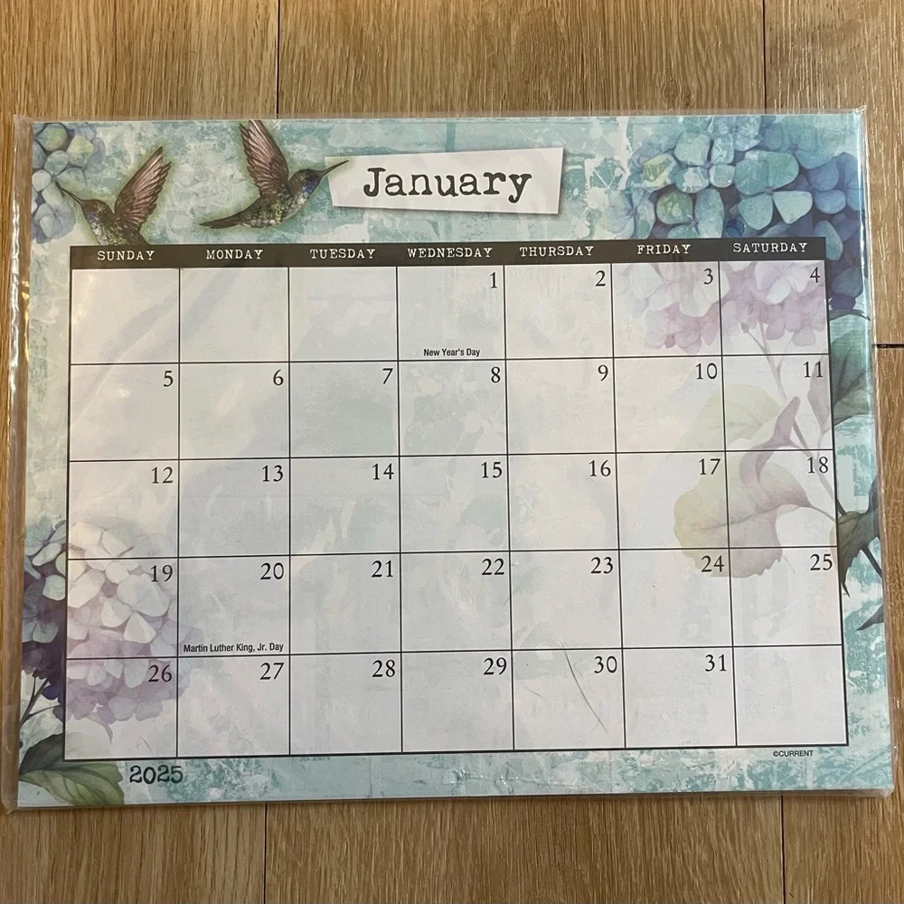 Floral Blue Desk Calendar 2025